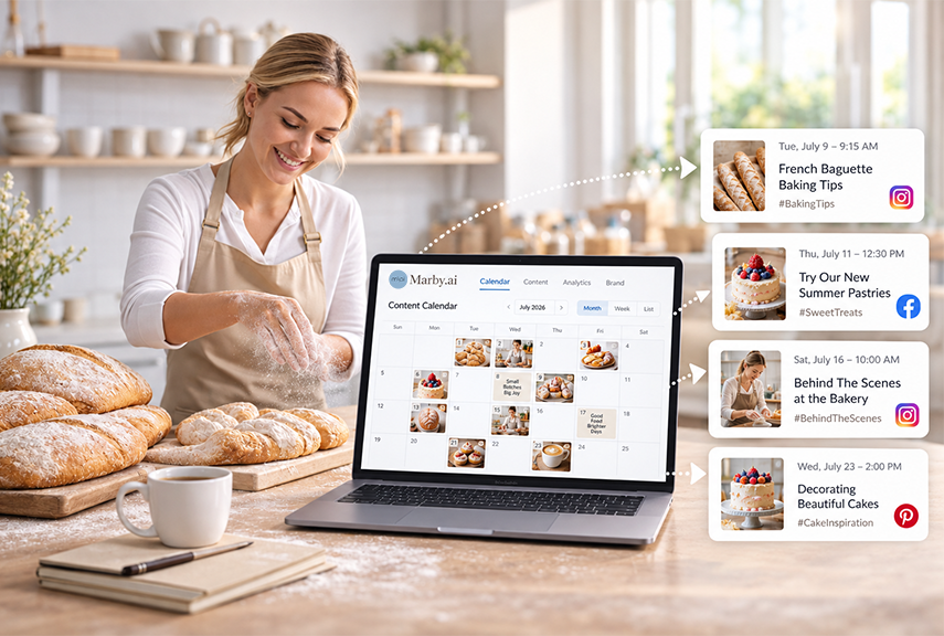 Bakery owner reviewing a Marby content calendar and scheduled social posts